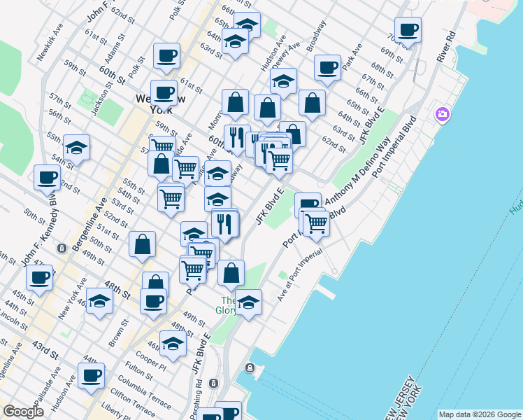 map of restaurants, bars, coffee shops, grocery stores, and more near 5701 John F. Kennedy Boulevard in West New York