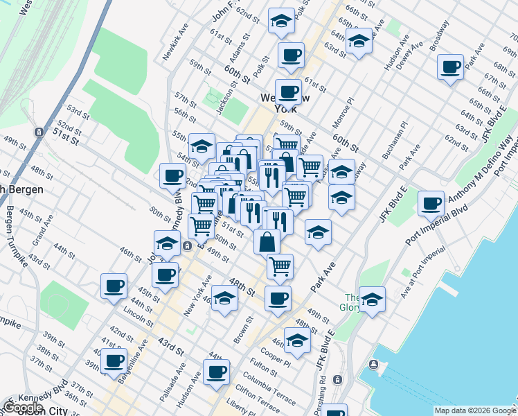 map of restaurants, bars, coffee shops, grocery stores, and more near in West New York