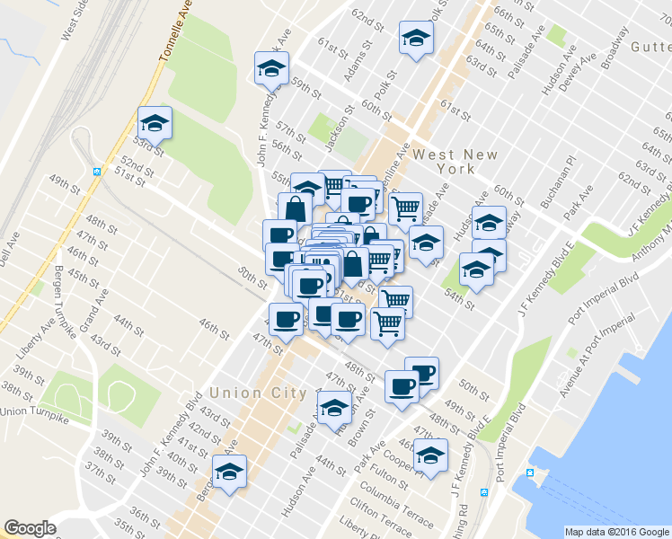 map of restaurants, bars, coffee shops, grocery stores, and more near in West New York