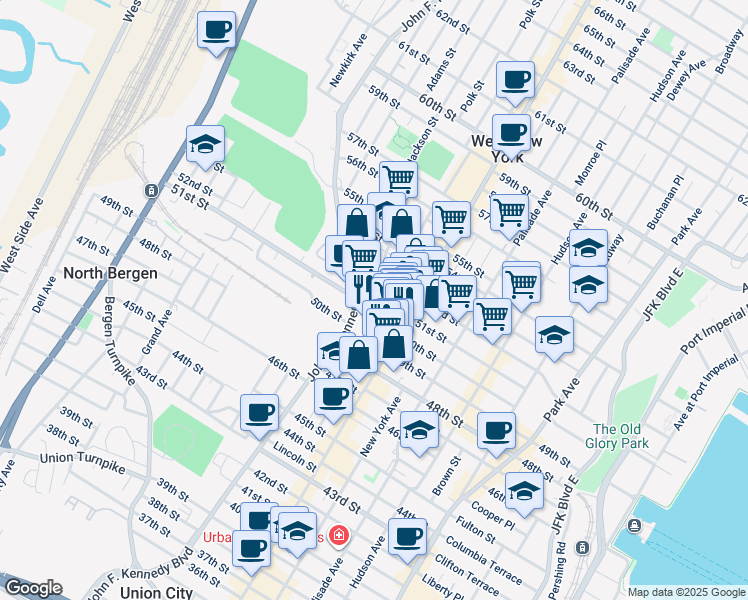 map of restaurants, bars, coffee shops, grocery stores, and more near 529 51st Street in West New York