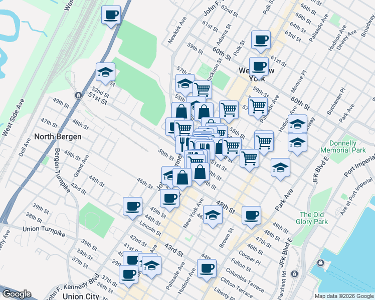 map of restaurants, bars, coffee shops, grocery stores, and more near 529 51st Street in West New York