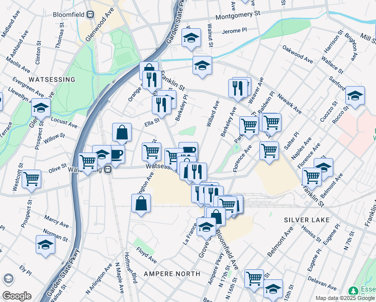 map of restaurants, bars, coffee shops, grocery stores, and more near 263 Bloomfield Avenue in Bloomfield