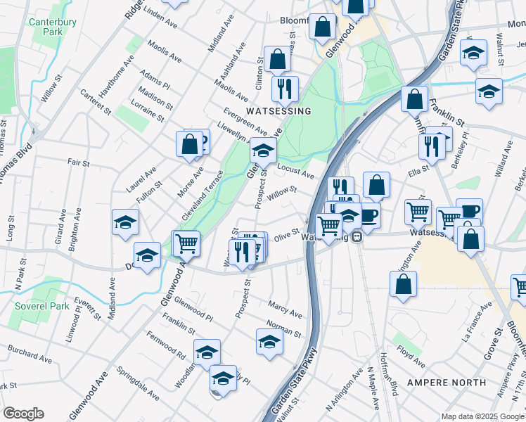 map of restaurants, bars, coffee shops, grocery stores, and more near 111 Myrtle Street in Bloomfield