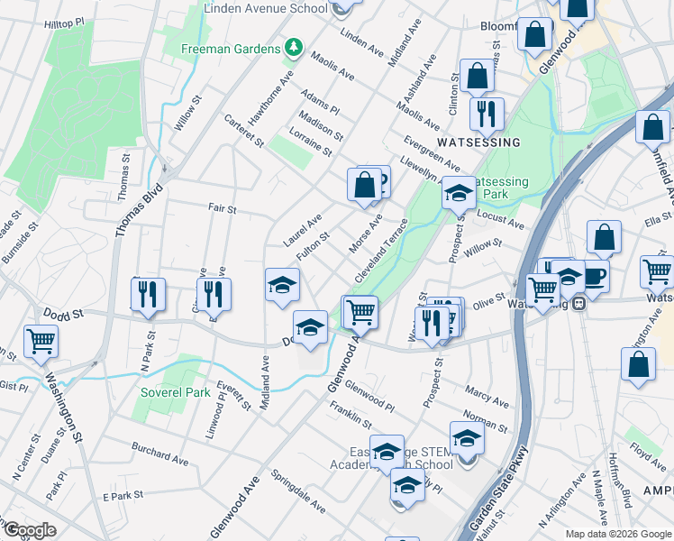 map of restaurants, bars, coffee shops, grocery stores, and more near 39 Cleveland Terrace in East Orange