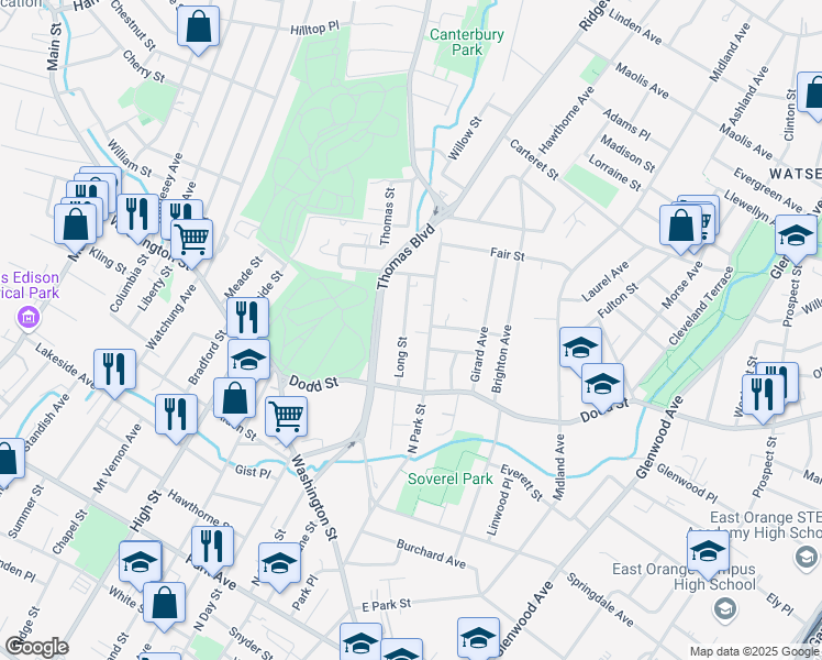 map of restaurants, bars, coffee shops, grocery stores, and more near 205 North Park Street in East Orange
