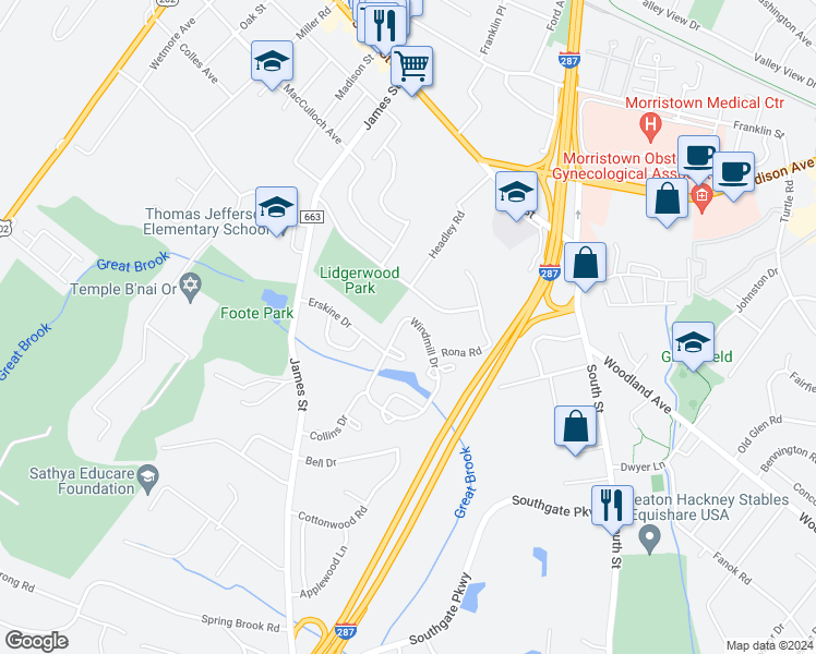 map of restaurants, bars, coffee shops, grocery stores, and more near 11 Carla Court in Morristown