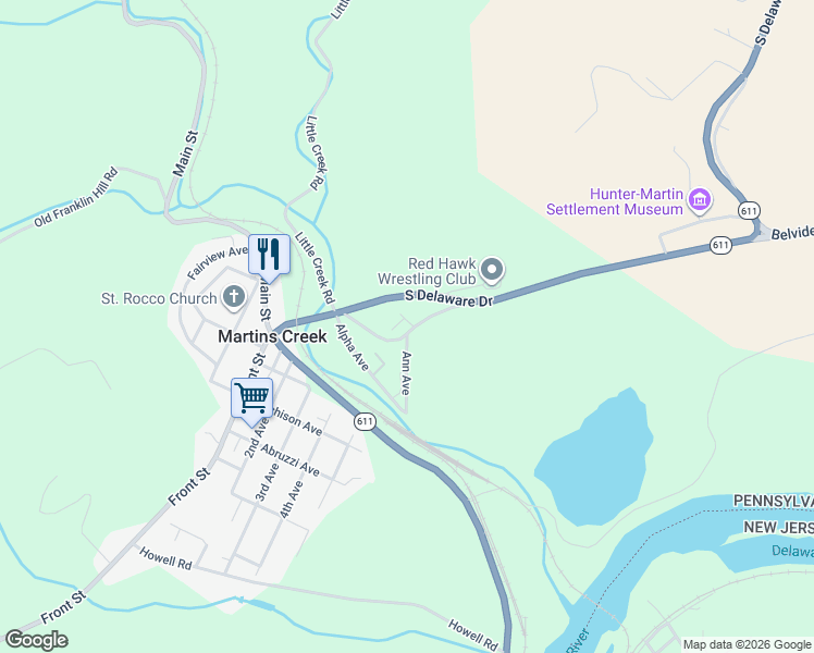 map of restaurants, bars, coffee shops, grocery stores, and more near 6574 Ann Avenue in Martins Creek