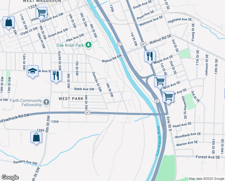 map of restaurants, bars, coffee shops, grocery stores, and more near 1122 4th Street Southwest in Massillon