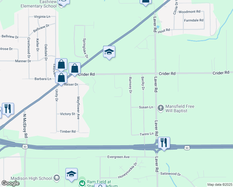 map of restaurants, bars, coffee shops, grocery stores, and more near 1047 Ramsey Drive in Mansfield