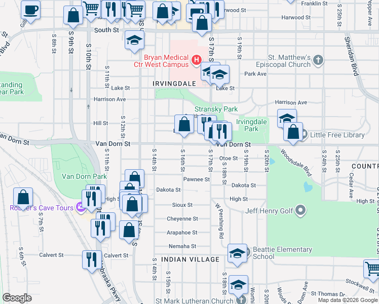 map of restaurants, bars, coffee shops, grocery stores, and more near 1605 Otoe Street in Lincoln