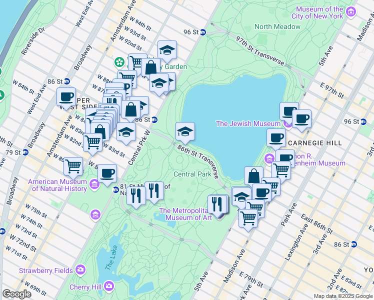 map of restaurants, bars, coffee shops, grocery stores, and more near 86th Street Transverse in New York