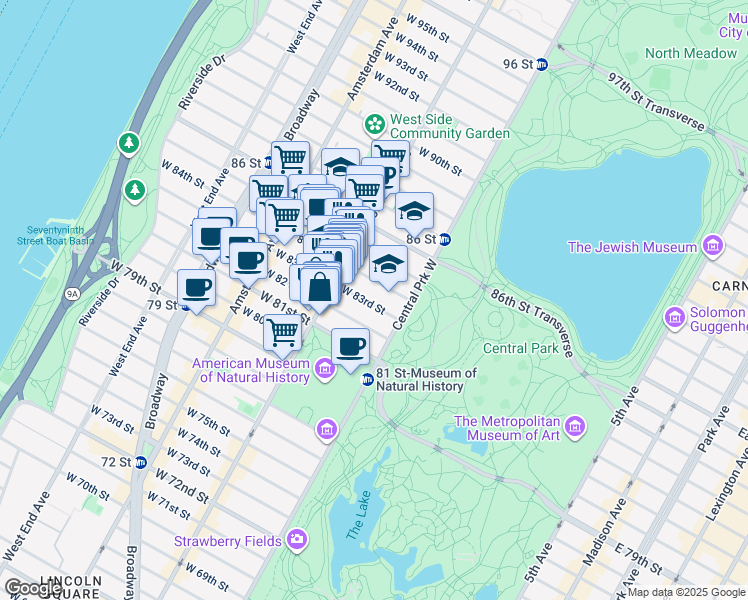 map of restaurants, bars, coffee shops, grocery stores, and more near 25 West 83rd Street in New York