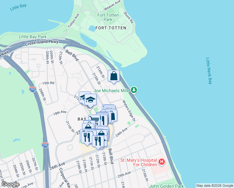 map of restaurants, bars, coffee shops, grocery stores, and more near 21535 23rd Avenue in Queens