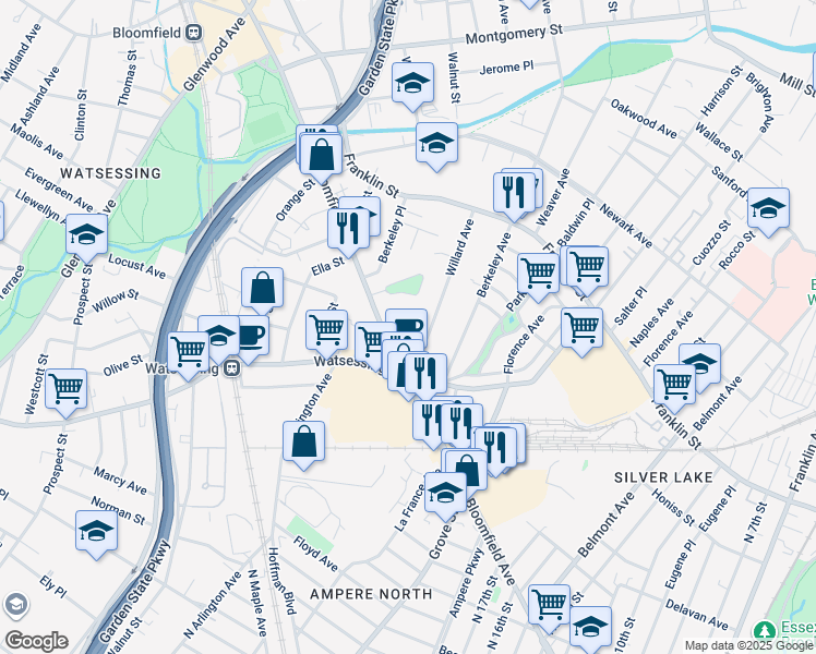 map of restaurants, bars, coffee shops, grocery stores, and more near 263 Bloomfield Avenue in Bloomfield