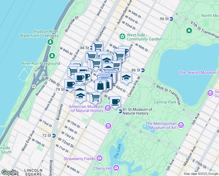map of restaurants, bars, coffee shops, grocery stores, and more near 463 Columbus Avenue in New York