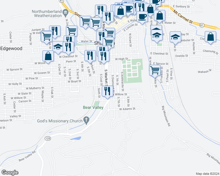 map of restaurants, bars, coffee shops, grocery stores, and more near 300-398 S Market St in Shamokin