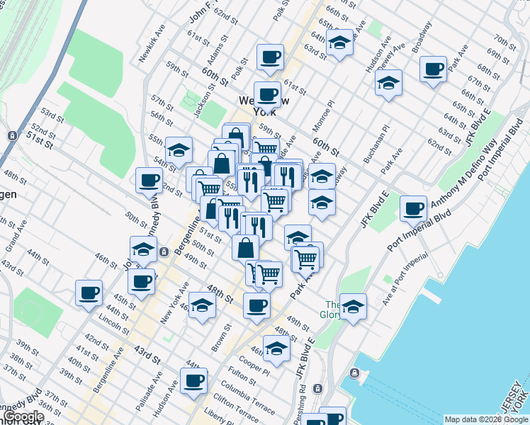map of restaurants, bars, coffee shops, grocery stores, and more near 5311 Hudson Avenue in West New York