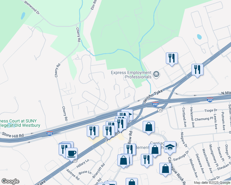 map of restaurants, bars, coffee shops, grocery stores, and more near 21 Hunt Court in Jericho