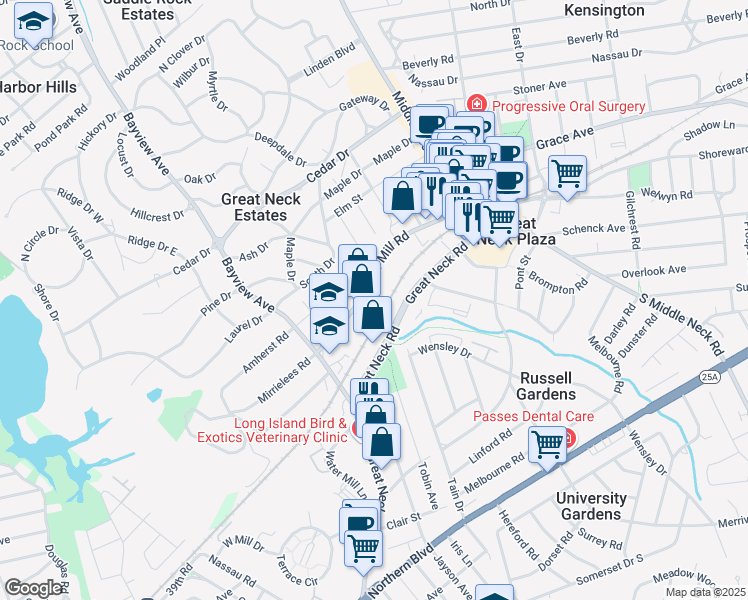 map of restaurants, bars, coffee shops, grocery stores, and more near 96 Cuttermill Road in Great Neck