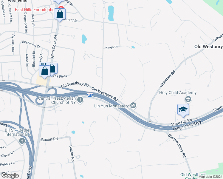 map of restaurants, bars, coffee shops, grocery stores, and more near 161 Old Westbury Road in Old Westbury