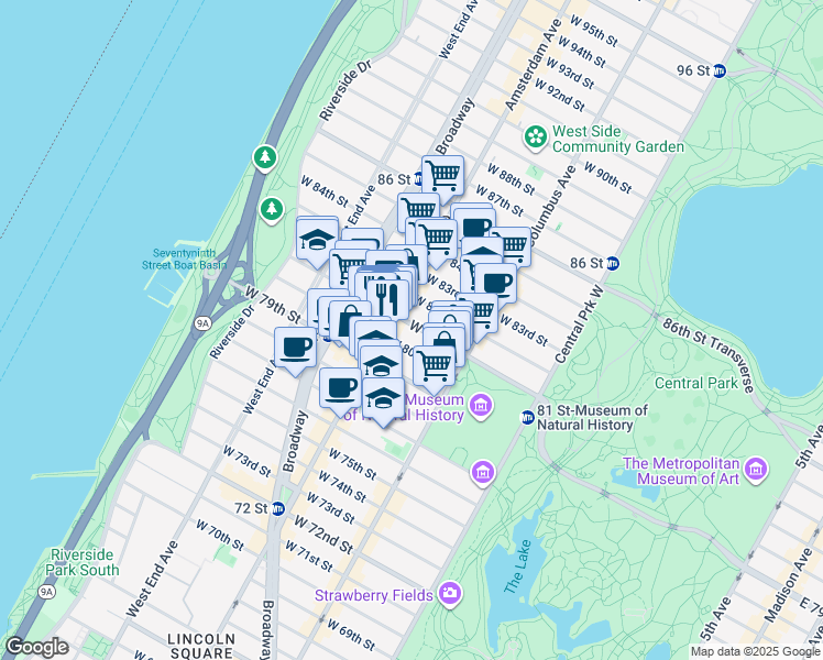 map of restaurants, bars, coffee shops, grocery stores, and more near 170 West 81st Street in New York