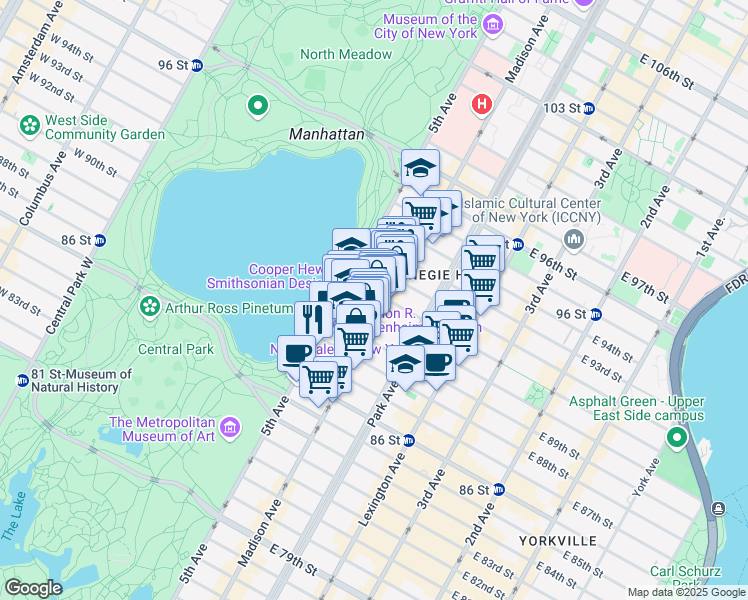 map of restaurants, bars, coffee shops, grocery stores, and more near 22 East 91st Street in New York