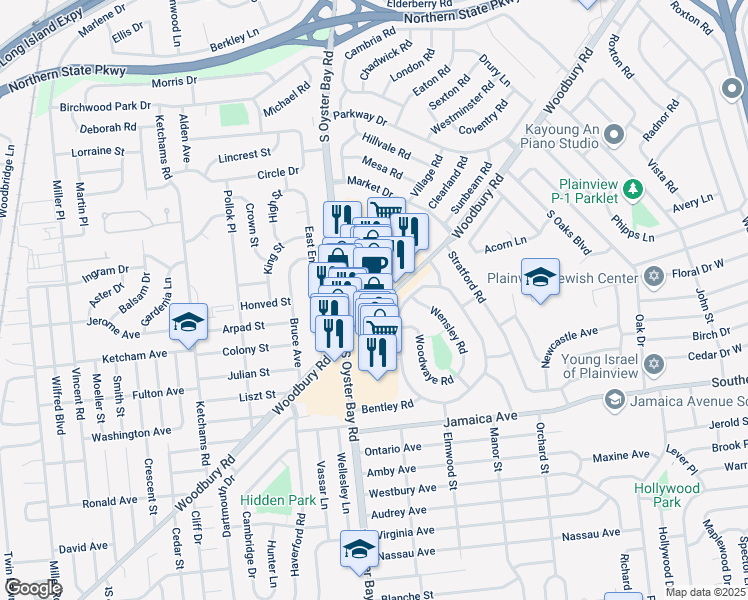 map of restaurants, bars, coffee shops, grocery stores, and more near 399 South Oyster Bay Road in Plainview