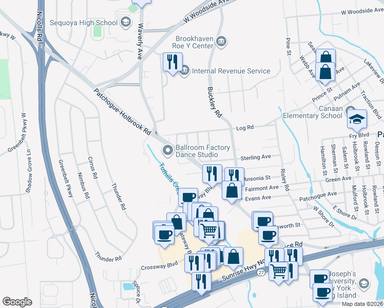map of restaurants, bars, coffee shops, grocery stores, and more near 530 Waverly Avenue in Patchogue