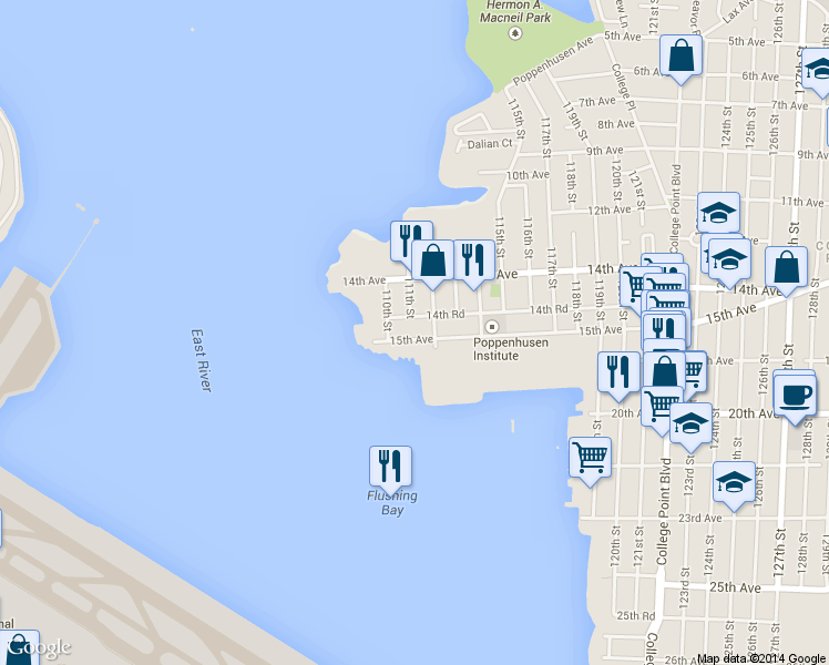 map of restaurants, bars, coffee shops, grocery stores, and more near 110-27 15th Avenue in Queens