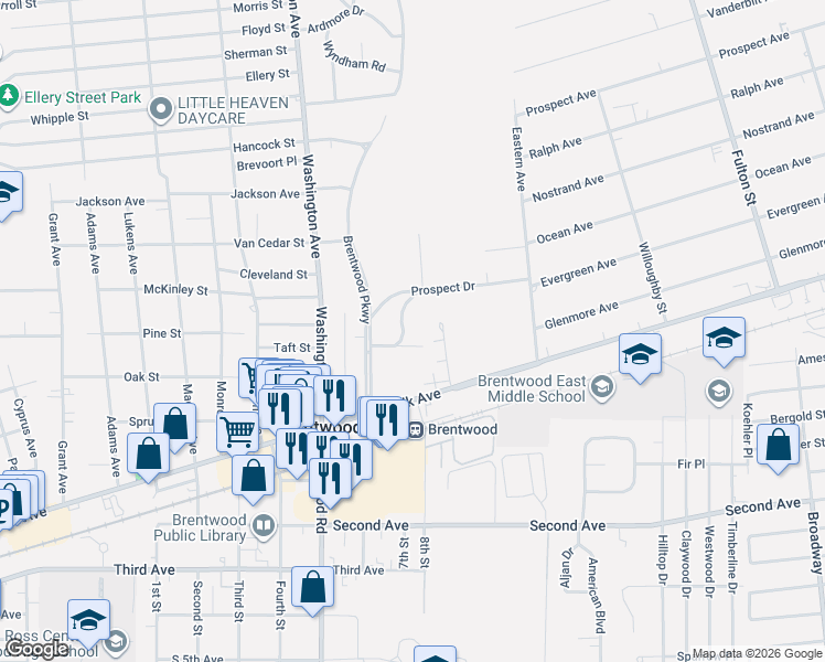 map of restaurants, bars, coffee shops, grocery stores, and more near 15 Pennsylvania Avenue in Brentwood