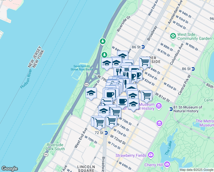 map of restaurants, bars, coffee shops, grocery stores, and more near 387 West End Avenue in New York