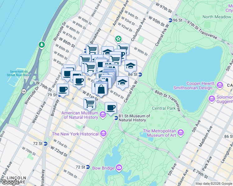 map of restaurants, bars, coffee shops, grocery stores, and more near 31 West 82nd Street in New York