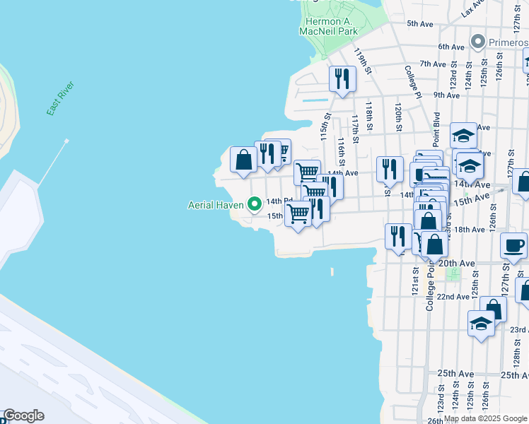 map of restaurants, bars, coffee shops, grocery stores, and more near 110-38 15th Avenue in Queens