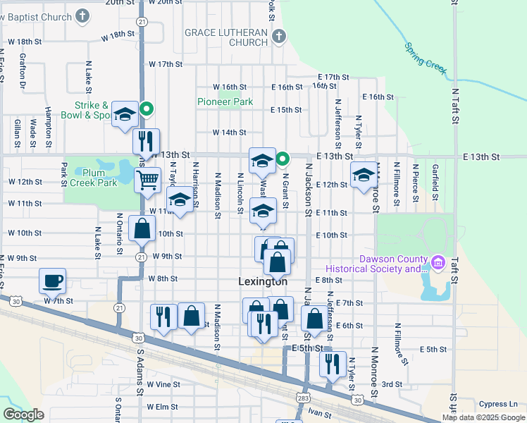 map of restaurants, bars, coffee shops, grocery stores, and more near 1100 North Washington Street in Lexington