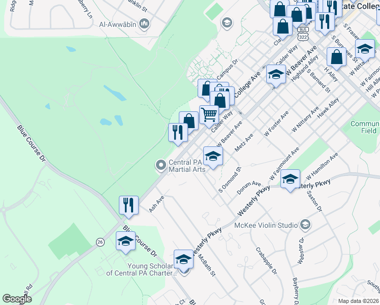 map of restaurants, bars, coffee shops, grocery stores, and more near 114 South Corl Street in State College