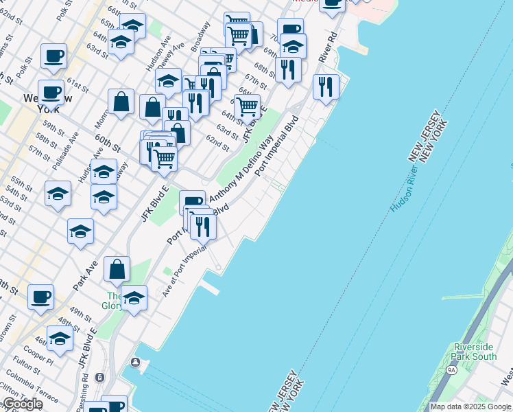 map of restaurants, bars, coffee shops, grocery stores, and more near 8 Avenue at Port Imperial in West New York