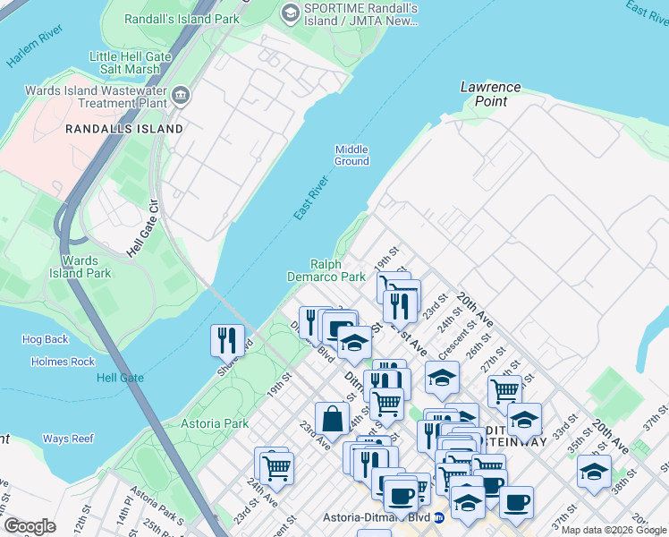 map of restaurants, bars, coffee shops, grocery stores, and more near 21st Avenue & Shore Boulevard in Queens