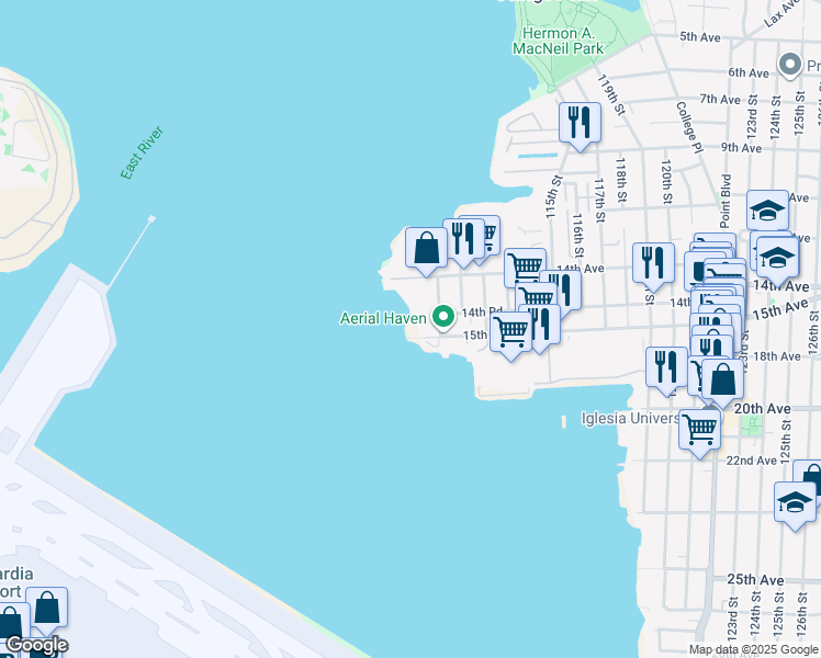 map of restaurants, bars, coffee shops, grocery stores, and more near 109-0 15th Avenue in Queens