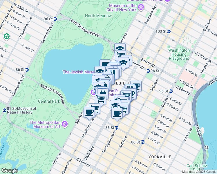 map of restaurants, bars, coffee shops, grocery stores, and more near 12 East 89th Street in New York