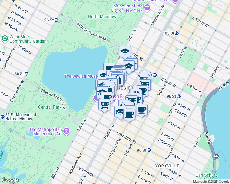map of restaurants, bars, coffee shops, grocery stores, and more near Madison Avenue & East 91st Street in New York