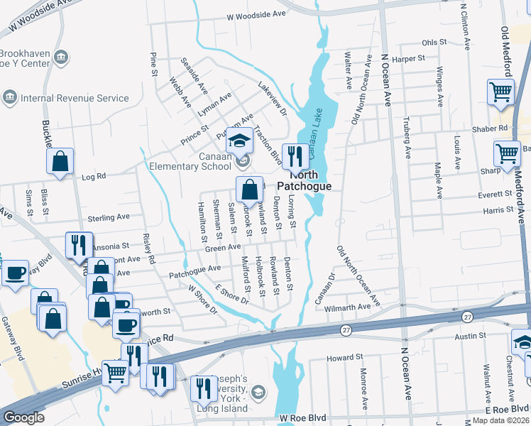 map of restaurants, bars, coffee shops, grocery stores, and more near 33 Rowland Street in Patchogue