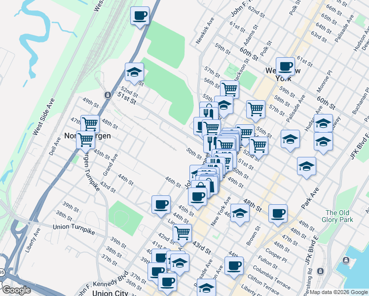 map of restaurants, bars, coffee shops, grocery stores, and more near 1139 50th Street in North Bergen