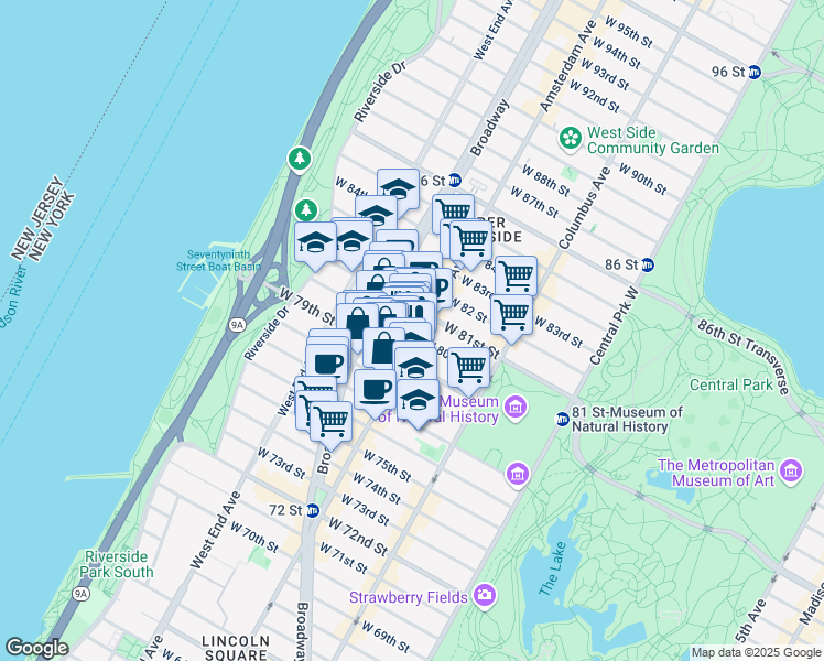 map of restaurants, bars, coffee shops, grocery stores, and more near 420 Amsterdam Avenue in New York