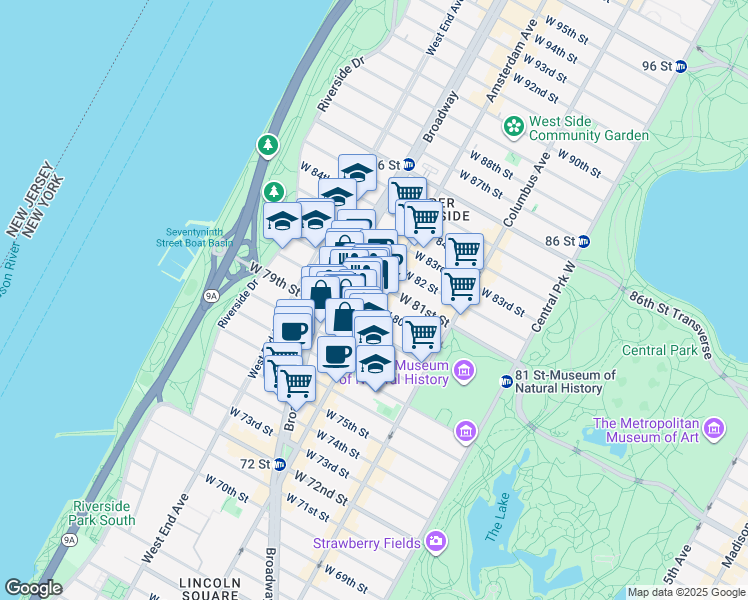 map of restaurants, bars, coffee shops, grocery stores, and more near 216W West 79th Street in New York