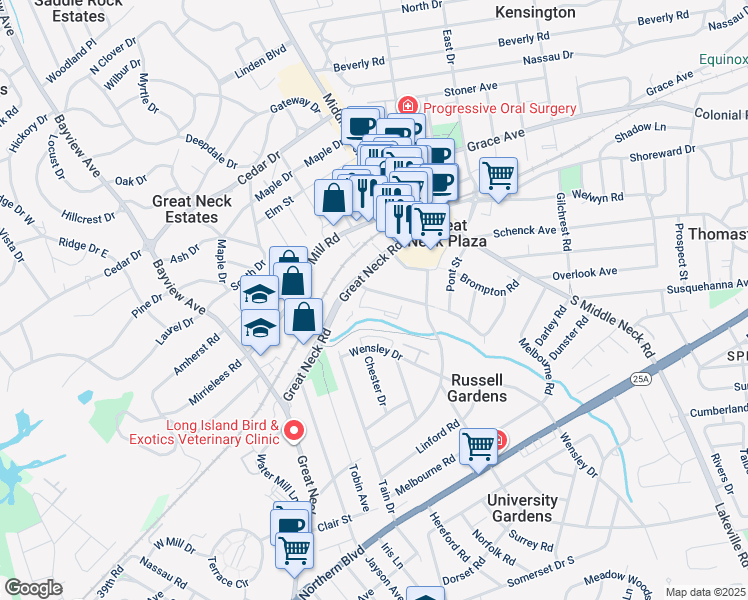 map of restaurants, bars, coffee shops, grocery stores, and more near 50 Knightsbridge Road in Great Neck Plaza
