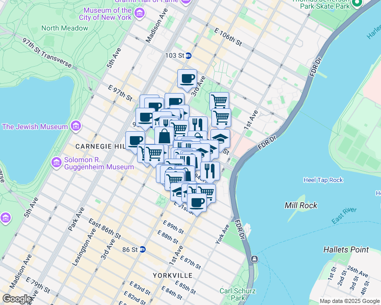 map of restaurants, bars, coffee shops, grocery stores, and more near 243 East 95th Street in New York