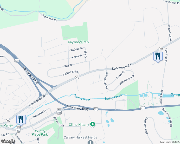 map of restaurants, bars, coffee shops, grocery stores, and more near Pennsylvania 45 in Boalsburg