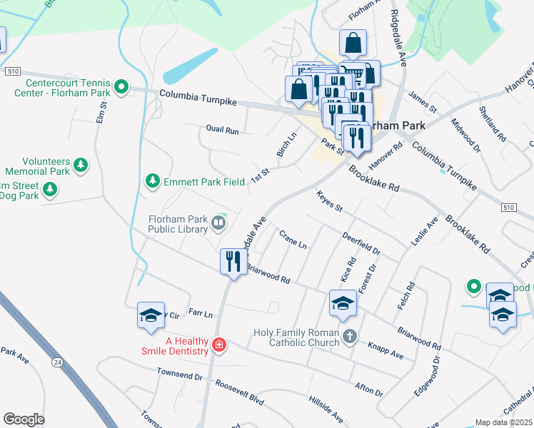 map of restaurants, bars, coffee shops, grocery stores, and more near in Florham Park