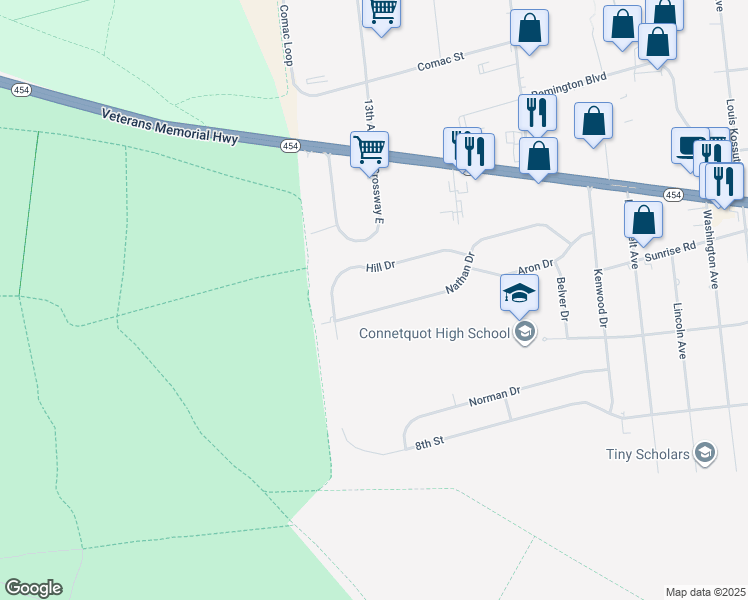 map of restaurants, bars, coffee shops, grocery stores, and more near 160 Nathan Drive in Bohemia