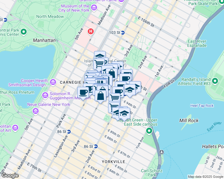 map of restaurants, bars, coffee shops, grocery stores, and more near 206 East 95th Street in New York
